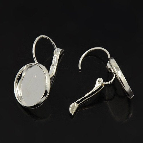 10 pcs. Silver Plated Earring Clips Settings Lever Back Bezels Cabochons - 14mm Glue Pad Setting