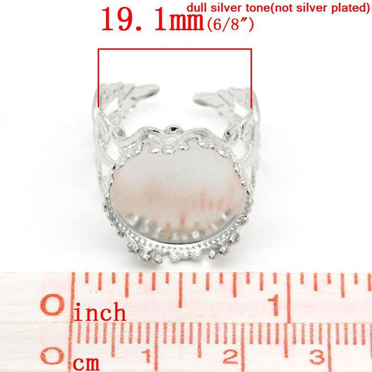 RB016 - 10 pcs. Silver Tone ADJUSTABLE Cabochon Setting Bezel RING bases settings - Ring Size 9 US - Glue Pad 16mm