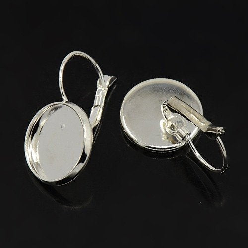 10 pcs. Silver Plated Earring Clips Settings Lever Back Bezels Cabochons - 14mm Glue Pad Setting