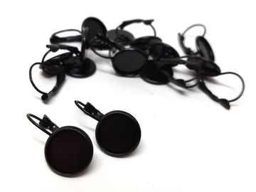 E854 - 10 pcs. Black Earring Clips Settings Lever Back Bezels Cabochons - 10mm Glue Pad Setting