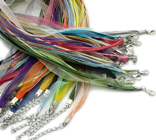 N034 - 15 pcs. Assortment of Organza Ribbon Waxen Cord Necklaces- 17 inch (43 cm)