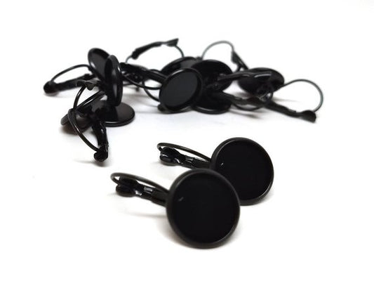E091 - 10 pcs. Black Earring Clips Settings Lever Back Bezels Cabochons - 12mm Glue Pad Setting