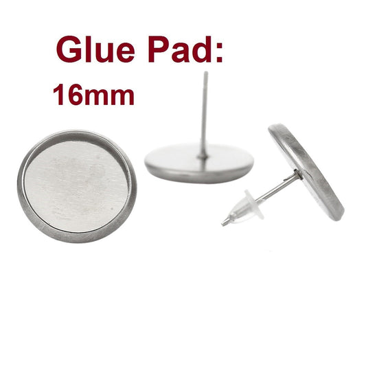 E163 - 10 pcs. Stainless Steel Earring Posts Studs Settings Bezels Cabochons Tacks - 16mm Glue Pad Setting - Tarnish Resistant!