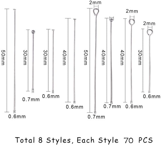 A007 - 560 pcs. 304 Stainless Steel Flat, Eye, Ball Head Pins - 30mm, 40mm, 50mm - Assortment Mix - 0.6mm, 0.7mm - 8 Styles