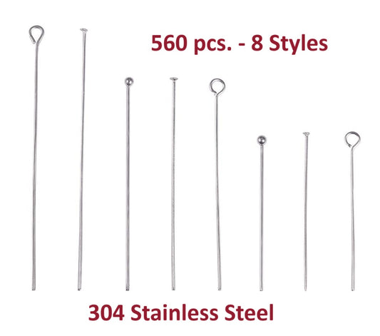 A007 - 560 pcs. 304 Stainless Steel Flat, Eye, Ball Head Pins - 30mm, 40mm, 50mm - Assortment Mix - 0.6mm, 0.7mm - 8 Styles
