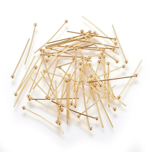 A028 - 100 pcs. 304 Stainless Steel Ball Head Pins - 25mm (1") - 0.6mm Thick - 1.8mm Ball Size - Golden