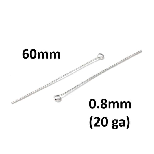 A060 - 500 pcs. Silver Tone Platinum Eye Pins – 60mm x 0.8mm (2.4 inch) – 20 Gauge