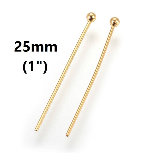 A028 - 100 pcs. 304 Stainless Steel Ball Head Pins - 25mm (1") - 0.6mm Thick - 1.8mm Ball Size - Golden