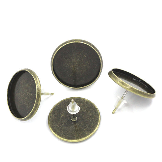 E124 - 10 pcs. Antique Bronze Earring Posts Studs Settings Bezels Cabochons Tacks- 18mm Glue Pad Setting - With Rubber Stoppers!