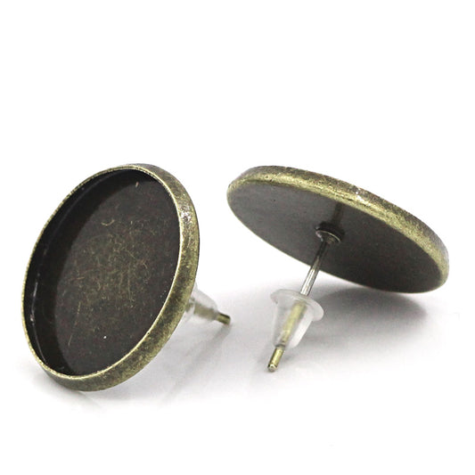 E124 - 10 pcs. Antique Bronze Earring Posts Studs Settings Bezels Cabochons Tacks- 18mm Glue Pad Setting - With Rubber Stoppers!