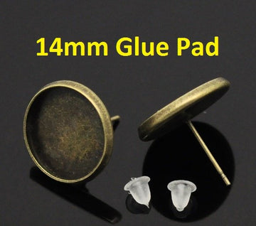 E168A - 10 pcs. Antique Bronze Earring Posts Studs Settings Bezels Cabochons Tacks - 14mm Glue Pad Setting - Made of Copper