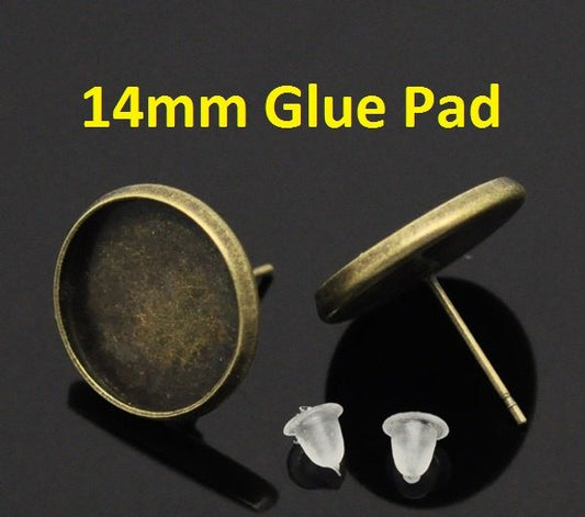 E168A - 10 pcs. Antique Bronze Earring Posts Studs Settings Bezels Cabochons Tacks - 14mm Glue Pad Setting - Made of Copper