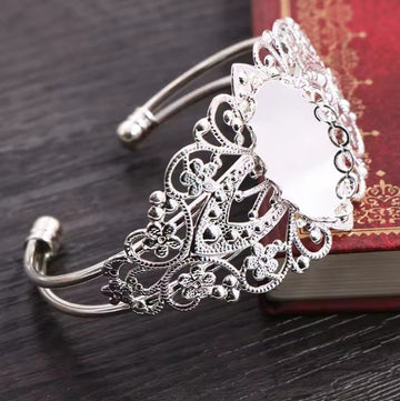 B104 - 1 pc. Silver Plated Open Cuff Bangle Bezel Cabochon Bracelets - 25mm x 18mm Glue Pad - 16.5cm (6.5") - Oval - 25x18mm - 18x25mm