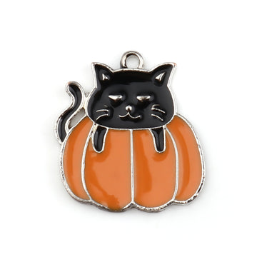 MP0033 - 10 pcs. Silver Tone Halloween Orange Pumpkin Black Cat Enamel Charms - 21mm - Single Sided