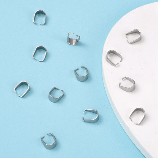 BA019 - 10 pcs. 304 Stainless Steel Silver Tone Pinch Clip Snap Bails for Pendants and Beads - 10mm x 7mm - Tarnish Resistant