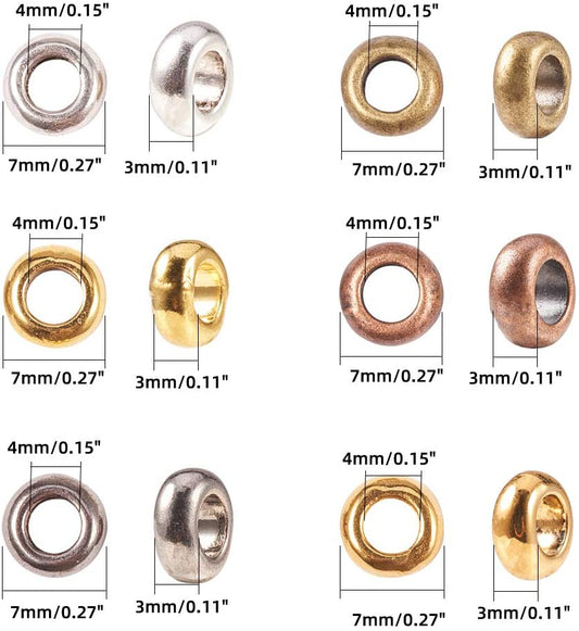 BD004 - 300 Beads - 7mm Assortment Box of Metal Alloy Rondelle Spacer Beads - Large Hole Size: 4mm - 6 Colors!