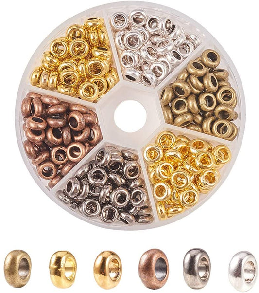 BD004 - 300 Beads - 7mm Assortment Box of Metal Alloy Rondelle Spacer Beads - Large Hole Size: 4mm - 6 Colors!
