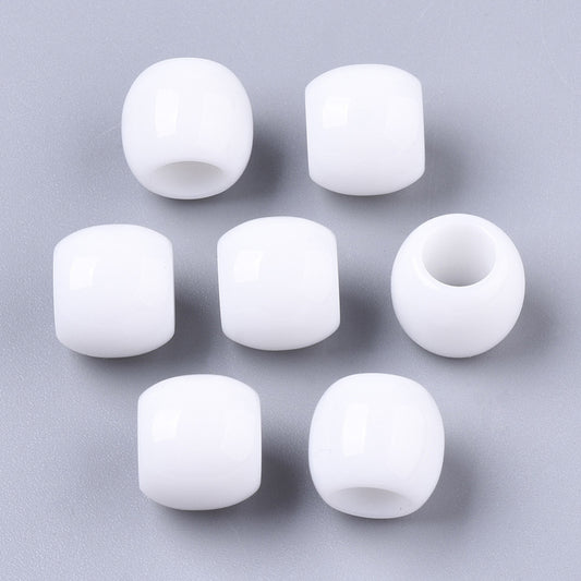 BD014 - 100 pcs White Smooth Barrel Spacer Beads - 9mm - Large Hole: 5mm - Fits European Cords and Paracord!