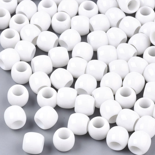 BD014 - 100 pcs White Smooth Barrel Spacer Beads - 9mm - Large Hole: 5mm - Fits European Cords and Paracord!