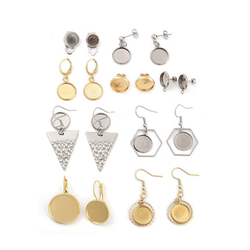 E017 -  10 pcs. 304 Stainless Steel Earring Dangle Hooks Settings Bezels Cabochons - 12mm to 20mm Glue Pad Settings - Assortment