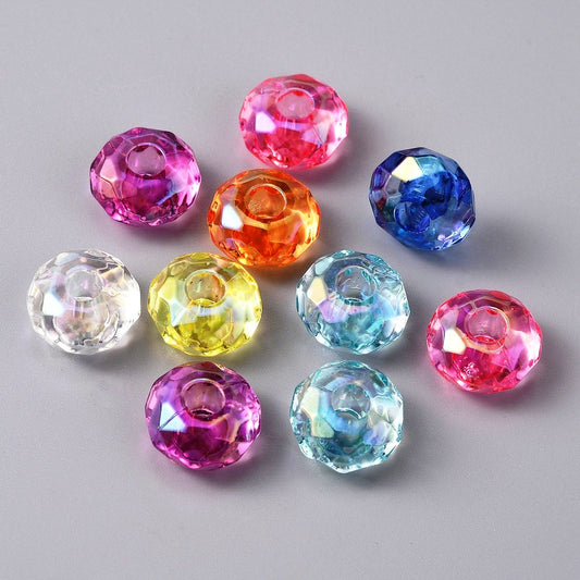 BD018 - 10 pcs Assortment of Acrylic Clear AB Multicolor Rondelle Faceted Spacer Beads – 14mm – Large Hole: 4.5mm - Fits European Cords and Paracord!