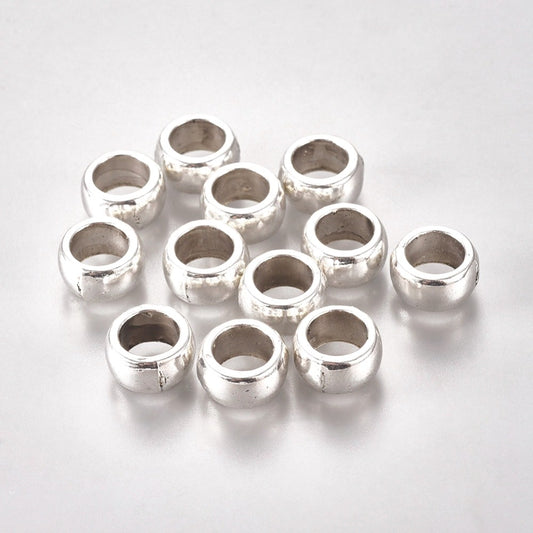 BD019 - 20 pcs Antique Silver Tone METAL Smooth Rondelle Spacer Beads - 12mm - Large Hole: 8mm - Fits European Cords and Paracord!