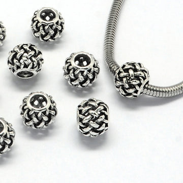 BD029 - 10 pcs Antique Silver Weave Metal Rondelle Ball Spacer Beads - 11mm - Large Hole: 4.5mm - Fits European Cords and Paracord!