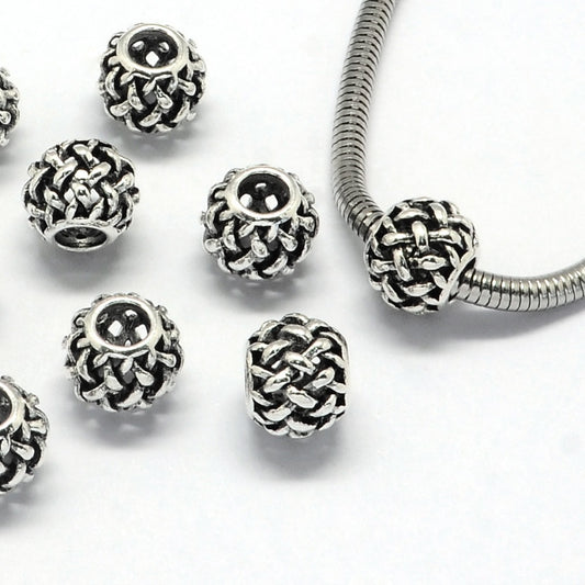 BD029 - 10 pcs Antique Silver Weave Metal Rondelle Ball Spacer Beads - 11mm - Large Hole: 4.5mm - Fits European Cords and Paracord!