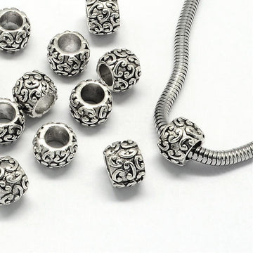 BD087 - 20 pcs. Antique Silver Metal Filigree Carved Rondelle Spacer Beads - 10mm - Large Hole: 5mm - Fits European Cords and Paracord!