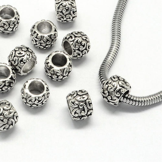 BD087 - 20 pcs. Antique Silver Metal Filigree Carved Rondelle Spacer Beads - 10mm - Large Hole: 5mm - Fits European Cords and Paracord!