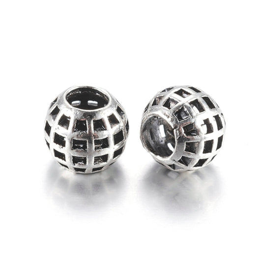 BD101 - 10 pcs. Antique Silver Metal Checkered Round Spacer Beads - 11mm - Large Hole: 5mm - Fits European Cords and Paracord!