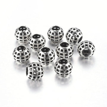 BD101 - 10 pcs. Antique Silver Metal Checkered Round Spacer Beads - 11mm - Large Hole: 5mm - Fits European Cords and Paracord!