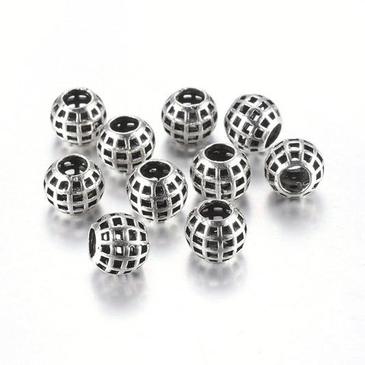 BD101 - 10 pcs. Antique Silver Metal Checkered Round Spacer Beads - 11mm - Large Hole: 5mm - Fits European Cords and Paracord!