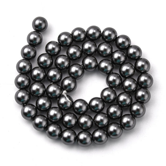 BD158 - 8mm Silver Charcoal Glass Pearl Imitation Round Beads - 32 inch strand - Approx. 100 beads - Hole Size: 1mm