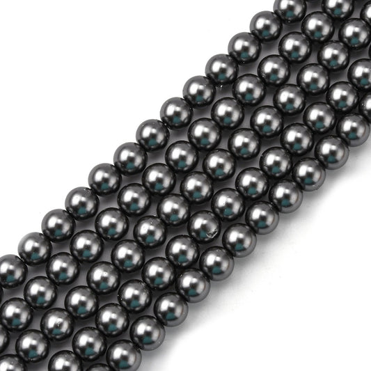 BD158 - 8mm Silver Charcoal Glass Pearl Imitation Round Beads - 32 inch strand - Approx. 100 beads - Hole Size: 1mm