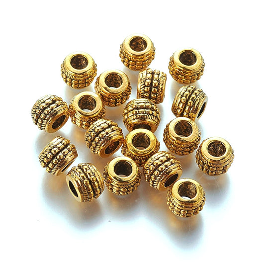BD175 - 50 pcs Antique Gold Carved METAL Rondelle Beads - 9mm x 7mm - Large Hole: 4.5mm - Fits Paracord and European Cords!