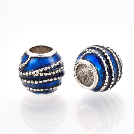 BD181 - 10 pcs. Antique Silver Plated Metal Enamel Painted Rondelle Spacer Beads - 10mm - Large Hole: 5mm - Fits European Cords and Paracord!