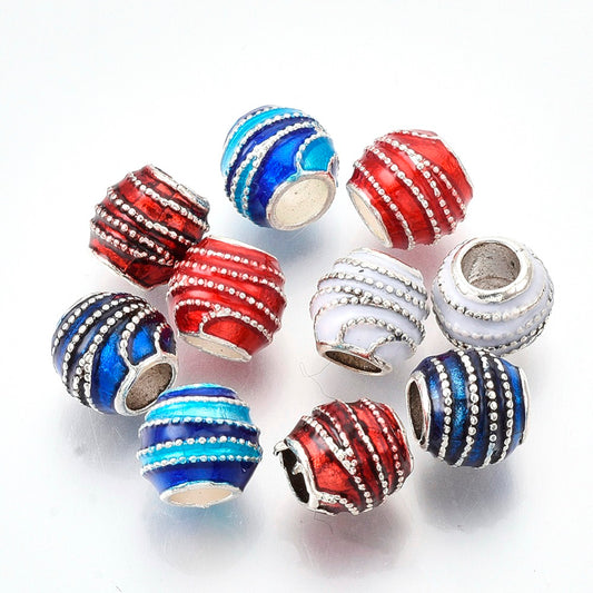 BD181 - 10 pcs. Antique Silver Plated Metal Enamel Painted Rondelle Spacer Beads - 10mm - Large Hole: 5mm - Fits European Cords and Paracord!