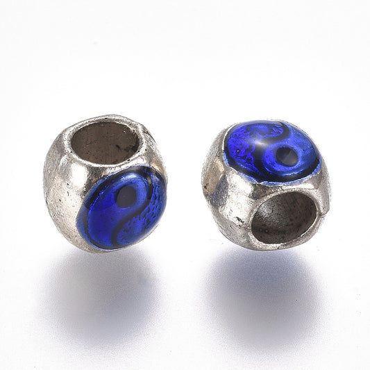 BD184 - 10 pcs. Antique Silver Metal Enamel Tai Ji Painted Spacer Beads - 10mm - Large Hole: 4mm - Fits European Cords