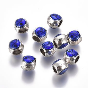 BD184 - 10 pcs. Antique Silver Metal Enamel Tai Ji Painted Spacer Beads - 10mm - Large Hole: 4mm - Fits European Cords