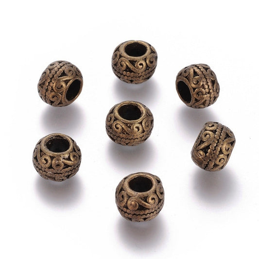 BD217 - 10 pcs Antique Bronze Carved Filigree METAL Rondelle Spacer Beads - 11mm - Large Hole: 5mm - Fits Paracord and European Beads!