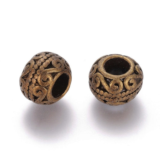 BD217 - 10 pcs Antique Bronze Carved Filigree METAL Rondelle Spacer Beads - 11mm - Large Hole: 5mm - Fits Paracord and European Beads!