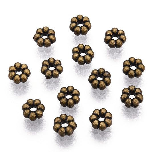 BD266 - 100 pcs Antique Bronze Snowflake Daisy Spacer Beads- 4.5mm x 1.5mm - Hole Size: 1mm