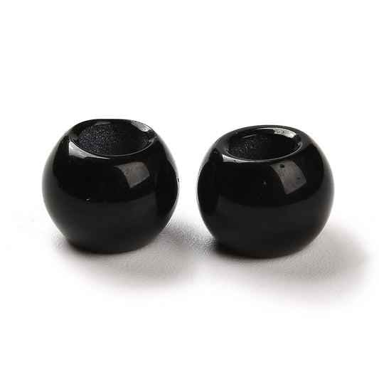 BD293 - 10 pcs Black Smooth Gemstone Natural Stone Round Spacer Beads - Agate - 12mm - Large Hole: 5.5mm - Fits European Cords and Paracord!