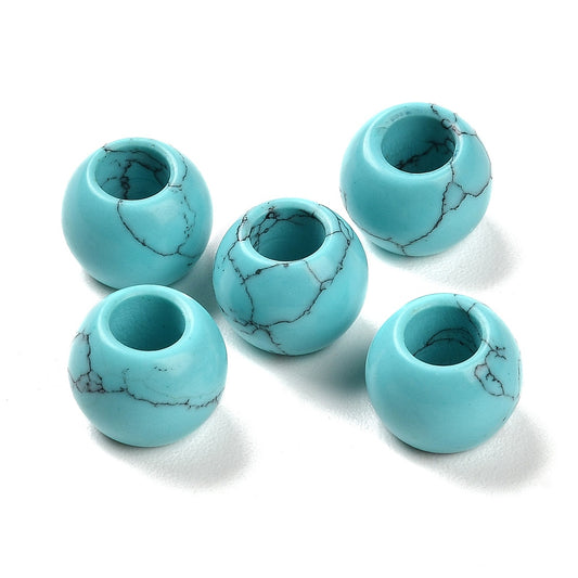BD307 - 10 pcs Synthetic Turquoise Smooth Round Spacer Beads - 12mm - Large Hole: 5.5mm - Fits European Cords and Paracord!