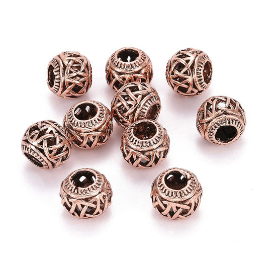 BD428 - 10 pcs Antique Copper Filigree Metal Rondelle Ball Spacer Beads - 10.5mm - Large Hole: 5mm - Fits European Cords and Paracord!