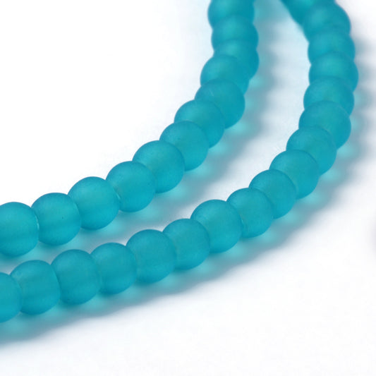 BD457 - 4mm Aqua Blue Frosted Glass Round Beads - 31.4" strand (80cm) - Approx 200 beads per strand - Hole Size: 1.1mm