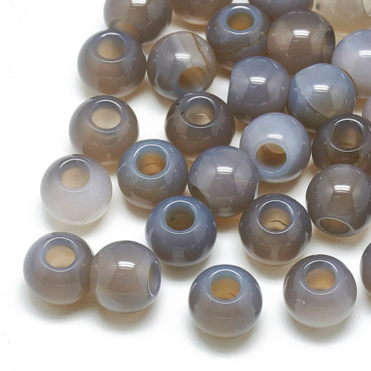 BD464 - 10 pcs Gray Agate - Natural Gemstone - 12mm - Large Hole: 5mm - Fits European Cords and Paracord!