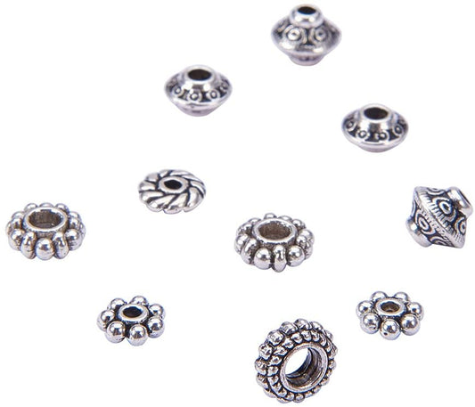 BD552 - 300 Beads - 6mm-7.5mm Assortment Box of Antique Silver Tibetan Alloy Rondelle Beads - Hole Size: 1mm-3.5mm - 6 Styles!
