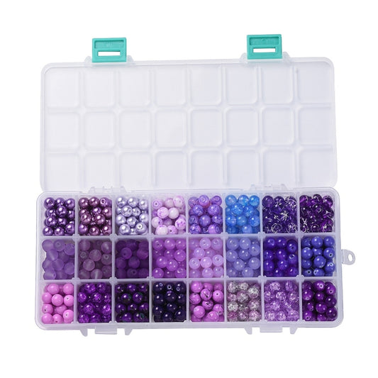 BD702 - 720 Beads - 8mm Assortment Box of Glass Gradient Style Round Beads - Hole Size: 1.3mm-16mm - 24 Colors! Purples